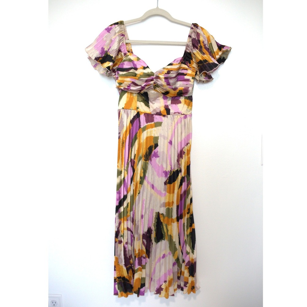 Lulus Abstract Print Pleated Midi Dress Purple Mustard Olive Small
